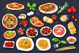Italian food set. Pizza, spaghetti with sause bolognese, Caprese salad, Bruschetta. Watercolor hand drawn illustration isolated on white background. Generative AI
