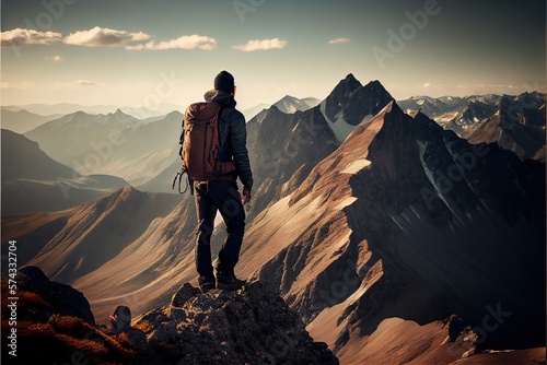 Hiker with backpack on mountain trail (Ai generated)