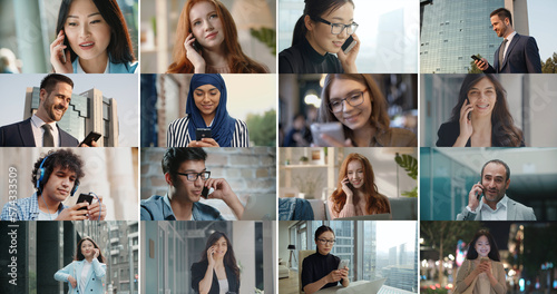 Collage of portraits of culturally diverse people using their smartphones, calling someone or browsing internet - globalization, diversity, communication concept