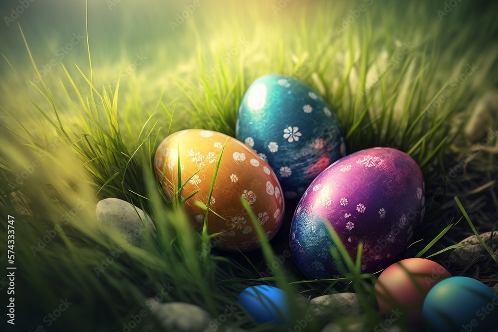 Easter eggs in the grass. AI technology generated image Easter eggs in the grass. AI technology generated image