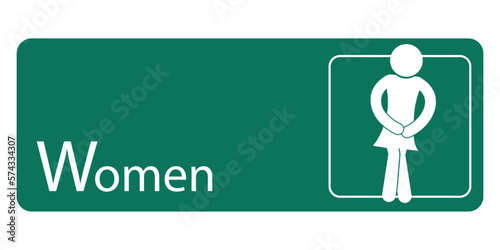 Isolated white in green square rectangle label printable sign of women woman hold pee posture for design toilet, rest room, wc, water closed graphic resources element