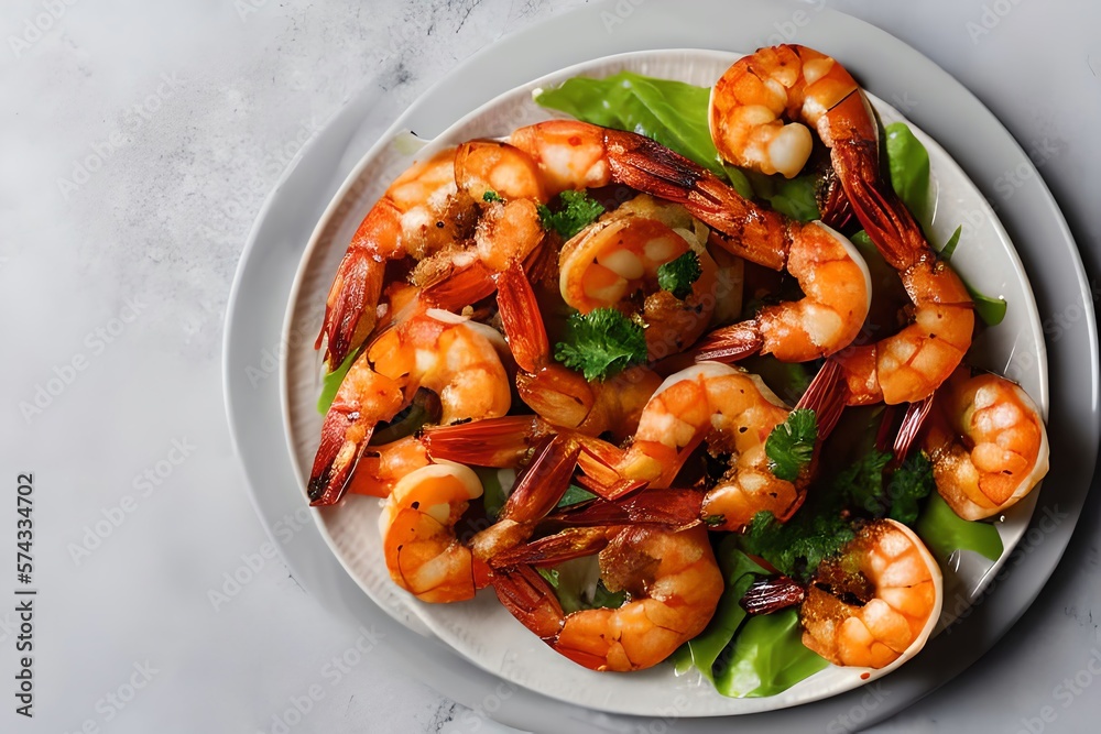 top view gourmet fried shrimp dish on the plate on white background. Generative AI top view gourmet fried shrimp dish on the plate on white background. Generative AI