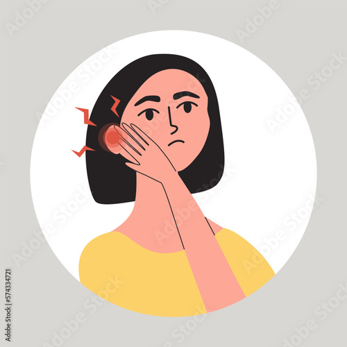 Young woman suffering from earache. Female with otitis, tinnitus, vertigo or enother hearing disease. Flat vector medical illustration