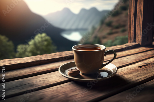 Generative AI illustration of cup with coffee placed on wooden windowsill
