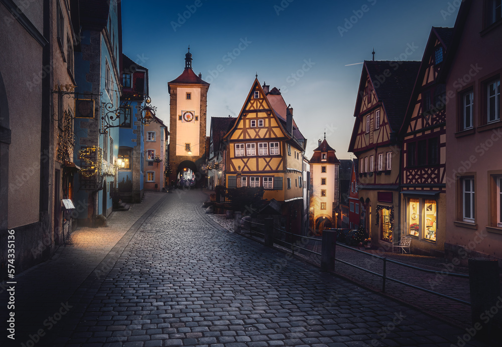 Illuminated Plonlein Square with Siebersturm (Siebers Tower) and Kobollzell Gate (Kobollzell Tor) - Rothenburg ob der Tauber, Bavaria, Germany