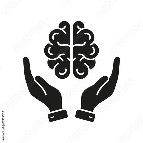 Human Brain in Areal View with Hands Silhouette Icon. Neurology, Psychology Pictogram. Education, Logic, Analysis, Memory, Mind Concept Glyph Icon. Isolated Vector Illustration