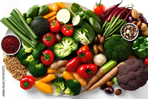 Various Vegetables And Healthy Food In Circle On White Background. Generative AI