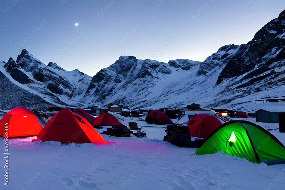 Night time aurora borealis over snowy mountains with tents glowing warmly, 3D generation