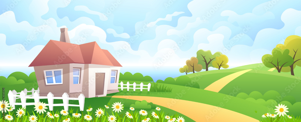 Vector landscape of rural house. Farm in the countryside among the hills.