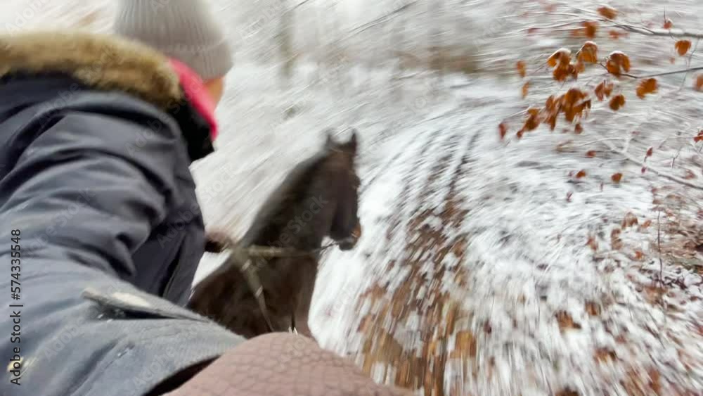 SELFIE: Young Caucasian woman leads her horse along a forest trail on a cold winter day. Happy female horseback rider gallops across the quiet woods in early winter. Selfie of woman horseback riding. SELFIE: Young Caucasian woman leads her horse along a forest trail on a cold winter day. Happy female horseback rider gallops across the quiet woods in early winter. Selfie of woman horseback riding.