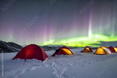Night time aurora borealis over snowy mountains with tents glowing warmly  3D generation