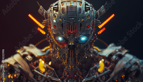 cinematic iron robot warrior with glowing eyes.Realistic futuristic machine artificial intelligence .Ai generated