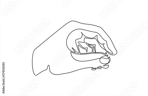 continuous one single line drawing of Hand making gesture while picks up from the ground small amount of something side view,  hand showing or holding something.Hand measuring invisible items 