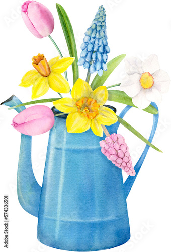 Hand Drawn Watercolor Spring Bouquet In A Blue Teapot