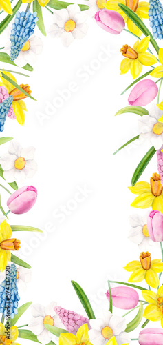 Watercolor Illustration Spring Frame With Muscari, Daffodils, Tulips, Leaves.