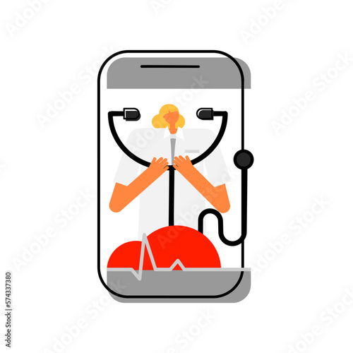 Cartoon of doctor with stethoscope on telemedicine application.