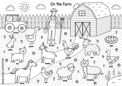 Wallpaper Mural On the farm black and white poster with cute animals and their names. Educational coloring page for kids. Set with cow, pig, sheep, horse, donkey, hen and other characters. Vector illustration Torontodigital.ca