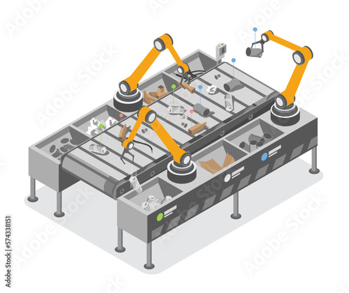 Ai Robot working help to garbage sorting in waste recycle sorting plant workplace ecology technology help humanity Concept isometric isolated vector