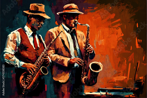 Stylish jazz band playing music on the scene, background is brown. Palette knife technique of oil painting and brush. . The jazz man plays the saxophone