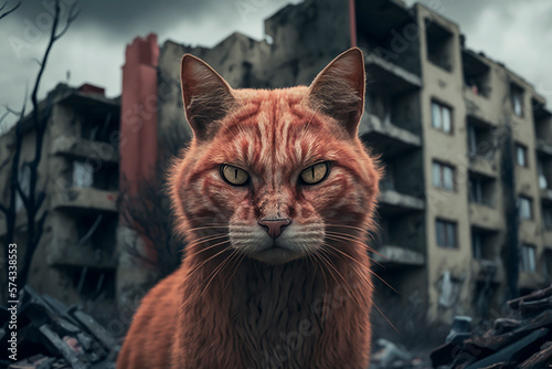 A homeless ginger cat against the backdrop of a ruined city after an earthquake, a homeless animal after a disaster in Turkey and Syria, a lonely year left behind. Generative AI photo