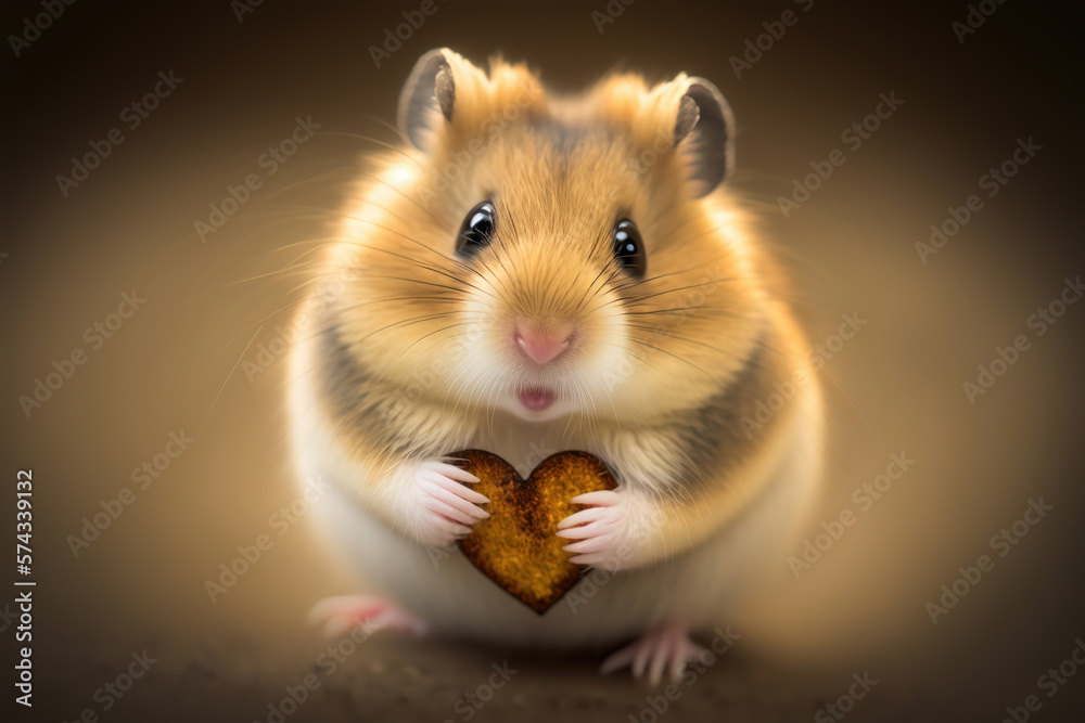 Generative AI illustration of fluffy hamster with small heart in paws