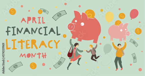 Financial literacy month. Horizontal banner. Editable vector illustration