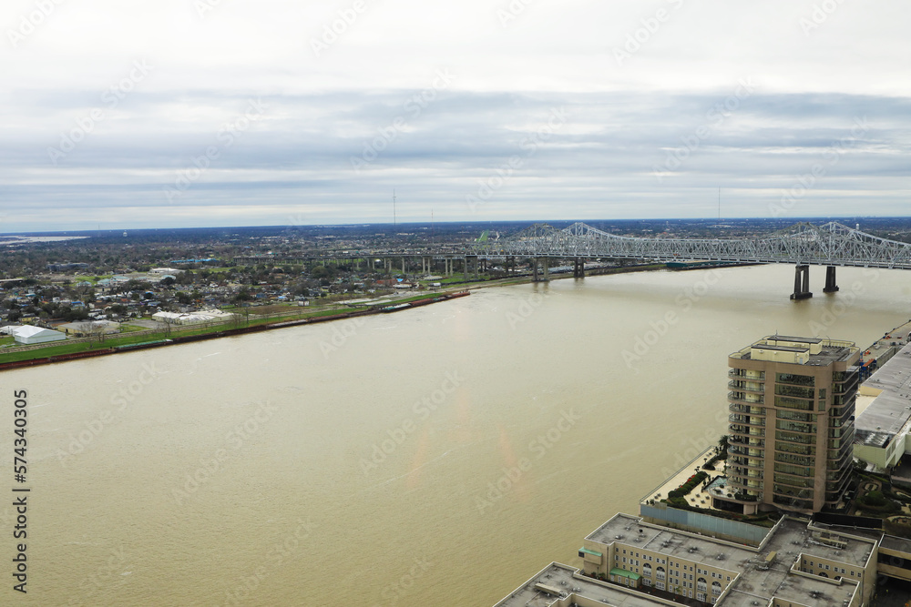 Aerial scene of Mississippi River at New Orleans, Louisiana, United States