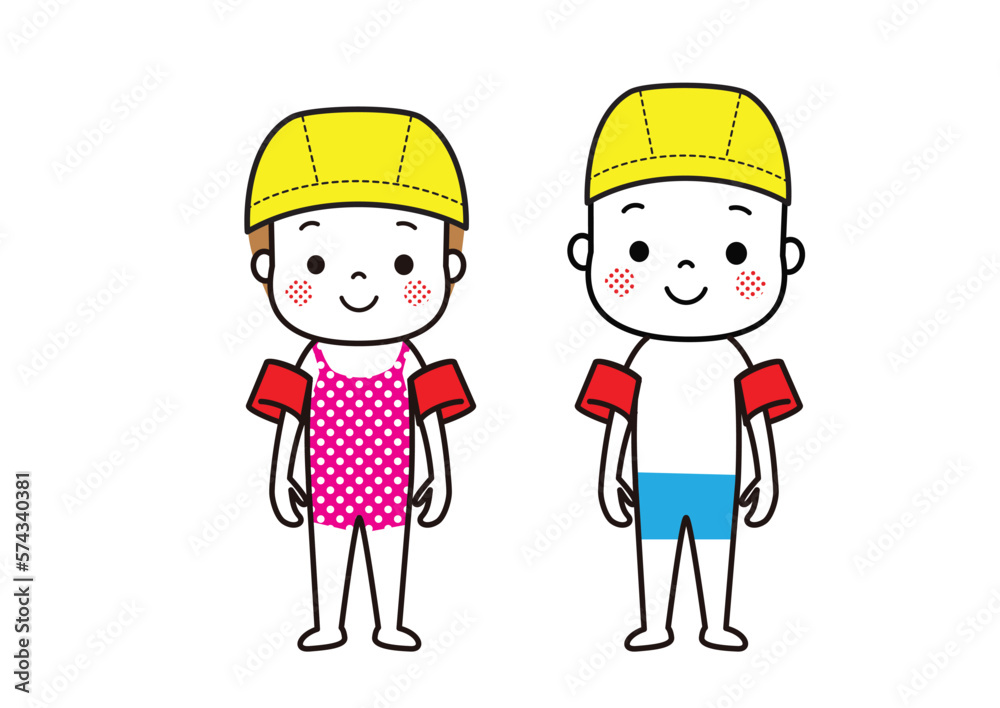 アームヘルパー、スイミングキャップを身に着けた水着姿の子どもたち　男女