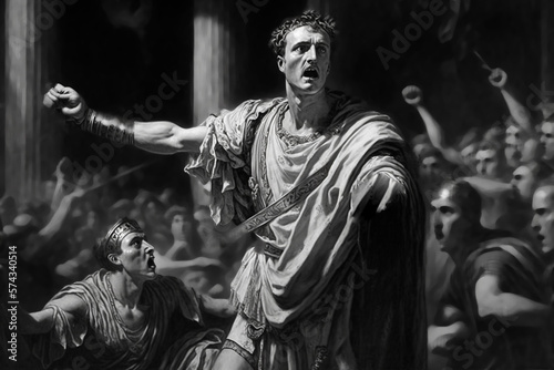 Julius Caesar assassination | Julius Caesar was attending a meeting in Rome, surrounded by members of the Roman Senate. Suddenly, one of senator, Gaius Cassius, drew his dagger and stabbed Caesar. Ai photo