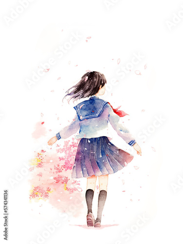 桜の花びらとセーラー服の女の子／卒業式や入学式に使えそうな水彩イラスト／AI画像 photo