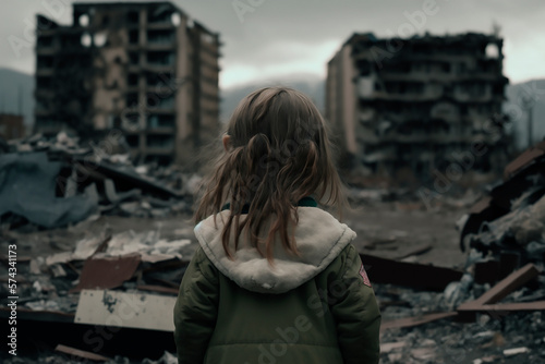 Child little girl standing alone view from the back and looking at the ruined city and buildings, homeless lonely child, earthquake. Generative AI