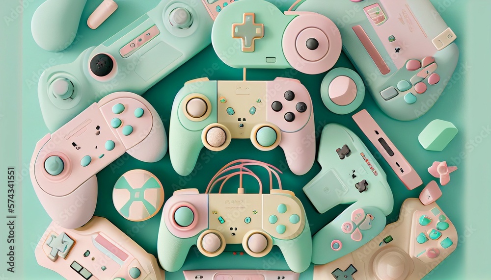 Pattern of gamepads in pastel colors on a turquoise background Pattern of gamepads in pastel colors on a turquoise background