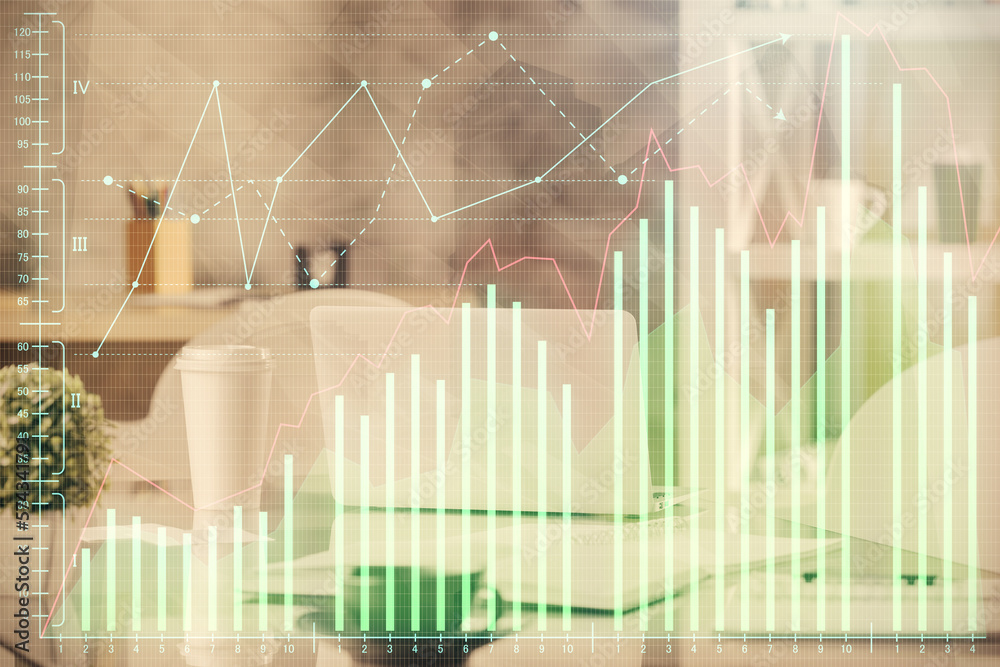 Double exposure of stock market graph drawing and office interior background. Concept of financial analysis. Double exposure of stock market graph drawing and office interior background. Concept of financial analysis.