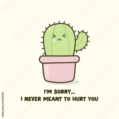 cute cactus  vector illustration in flat style, I'm sorry i never meant to hurt you, sad cactus is crying in the pot and say sorry to hurt anyone, 