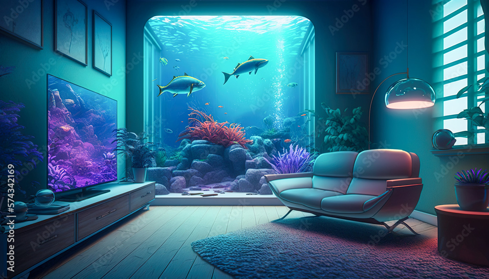 Futuristic Living Room with a Large Aquarium, Zoom Video Conference ...