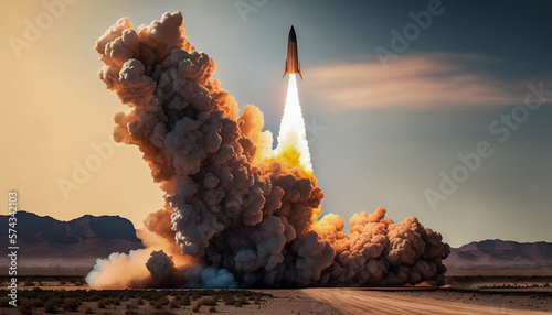 Ballistic Nuclear Missile Takes Off from Desert Launch Pad with fire and smoke, Generative AI photo