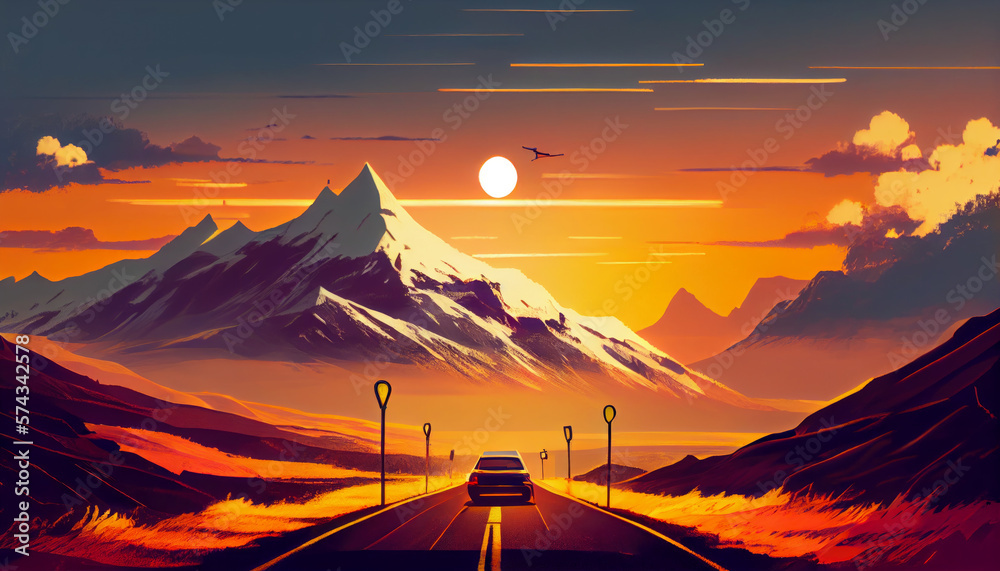 Landscape with car driving on the road with mountains and sunset time. generative Ai