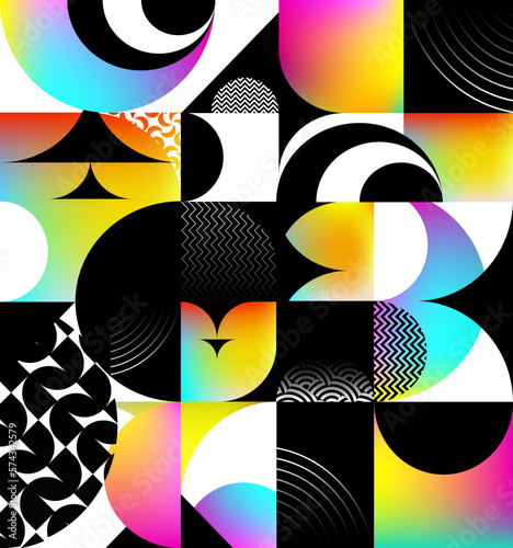 Abstract geometric background of circles, squares, sector and colorful elements. Bright vector multicolored pattern.