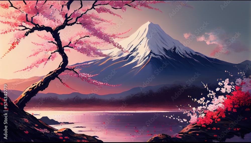 Beautiful view of Mount Fuji with cherry blossoms paint style. Ai generated