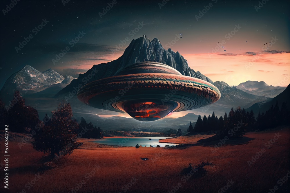 Landscape dune of UFO futuristic with planet.Ai generated Landscape dune of UFO futuristic with planet.Ai generated