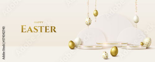 Round podiums with Easter eggs for product demonstration. Happy Easter banner background.