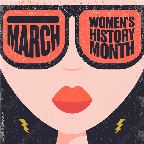 Womens History Month poster with pretty woman. Women s day. Banner with rock style women. 8 march greeting card
