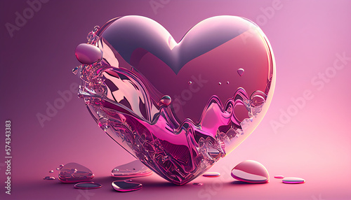 illustration heart shape made of transparent glass abstract purple reflected in water for holiday valentine's day .AI generated