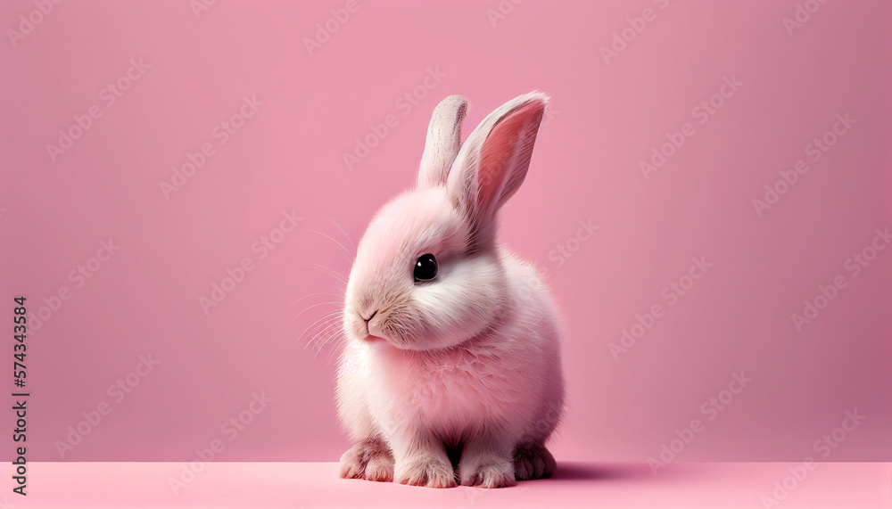 Fototapeta premium fluffy easter bunny on pink background .AI generated