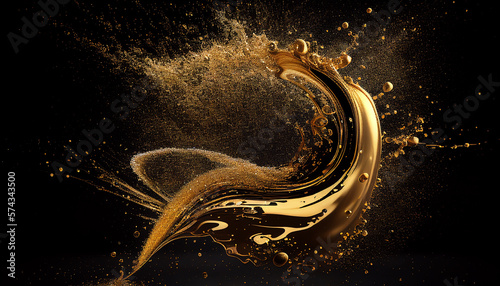 splash of liquid gold paint with sparkles on a black background .AI generated