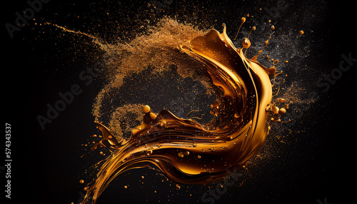 splash of liquid gold paint with sparkles on a black background .AI generated