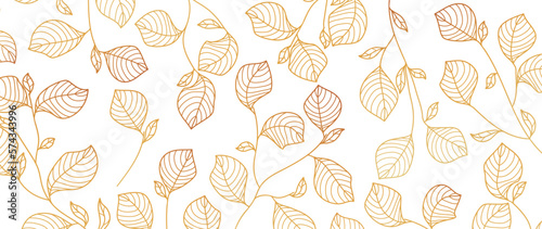 Luxury gold leaf vector background. Golden gradient branches and leaves in a line graphic style on a white background. Wallpaper design for prints, covers, wall art, packaging, fabric.