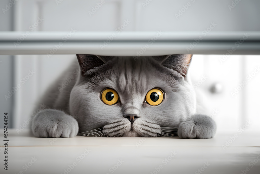 Portrait beautiful funny grey British cat peeking out from behind a white table with copy space photography made with Generative AI