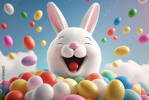 Easter bunny in the blue sky with eggs flying in the air smile, sunset sunshine, happy Easter. Generative AI.