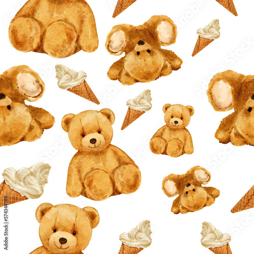 cute toy brown bear teddy pattern ice cream watercolor